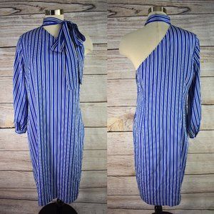 BANANA REPUBLIC Dress 12 One Sleeve Asymmetrical Blue Striped Charmeuse Tie Neck